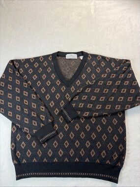 Ottimo Men’s L V-Neck Sweater Italian Wool Blend Geometric Pattern Grandpa Core